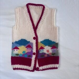 Vintage Knit Kids Vest Yarn Houses Landscape